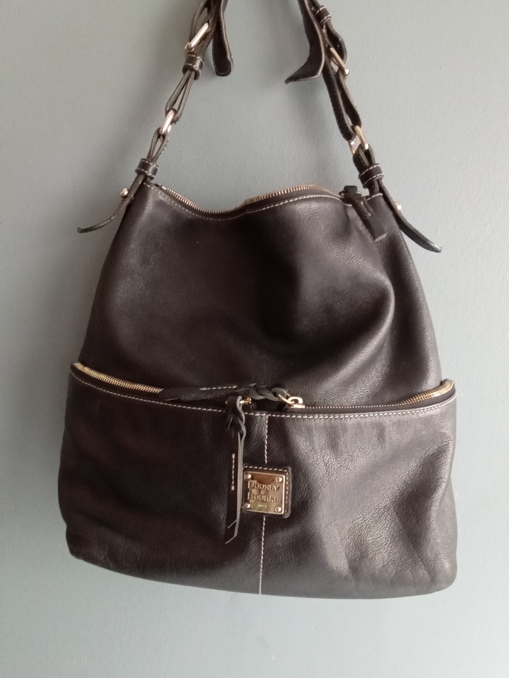 Dooney & Bourke Black Pebbled Leather Hobo Shoulder Bag with Front Zip Pocket